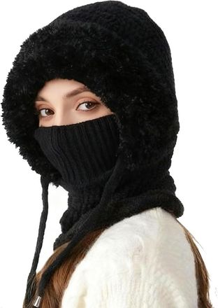 Generic 3 in 1 Beanie Hat for Women,3 in 1 Beanie Hat with Scarf and Mask,Cold Resistant Knit Hooded Scarf and Neck Warmer (Black)