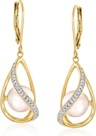 Ross-Simons 8-8.5mm Cultured Pearl and. Diamond Swirl Drop Earrings in 18kt Gold Over Sterling