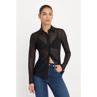 Good American Womens Mesh Button Up Top | Black, Size Medium | Good American by Khlo&Egrave; Kardashian