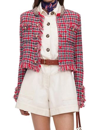 Self Portrait Red Check Frayed Knit Jacket