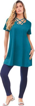 Roaman's Ultimate Lattice Neck Short Sleeve Tunic in Deep Teal at Nordstrom, Size 12