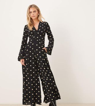 Nobody's Child Valencia - Tuta jumpsuit nera a pois con scollo a V e bottoni sul davanti-Nero