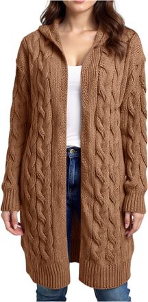 Generic Casual Mid-Length Cardigan Jacket for Womens UK Elegant Simple Solid Color Cable Hooded Knitted Sweater Coat Layering Piece for UK Weather 01-Light Br