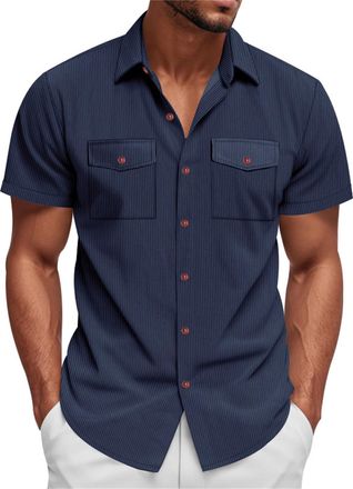 Generic DENGJIAMY Corduroy Shirt Men Summer Casual Beach Vacation Tee Short Sleeve Basic Plain Button Down Shirt Collar Tops Classic Tees for Mens (Navy, XXL)