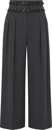 Liu Jo Wide-Leg Dark Grey Melange Flannel Trousers with Double-Belt Detail