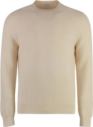 Malo Geribbelde gebreide wol kasjmier trui - Heren - Ronde hals truien - Beige - M - Wol - Truien & Vesten