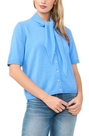 CeCe by Cynthia Steffe Tie Neck Short Sleeve Cardigan in Ocean Frost at Nordstrom, Size X-Large