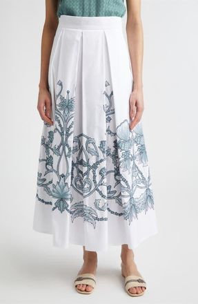 Eleventy Floral Embroidered Cotton Midi Skirt in 01-175 White/jade at Nordstrom, Size 00 Us