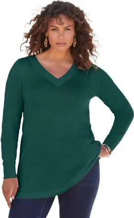 Roaman's Plus Size Cashmore V Neck Sweater in Emerald Green at Nordstrom, Size 20