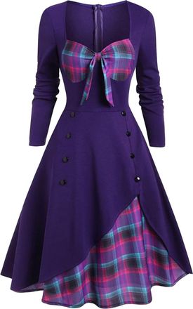 Generic Short Sleeve Floral Dress 2024 Women Sexy Vintage Casual Plaid Print Gothic Dress Waist Contrast Splicing Double Breasted Swing Dress (Purple, XL)