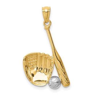 Diamond2Deal 14k Yellow Gold and White Rhodium Baseball Glove/Bat/Ball Pendant