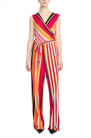 Emma & Michele Wrap Top Tie Waist Stripe Print Ity Jumpsuit In Black Red