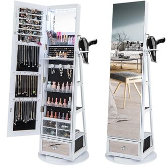 Costway Costway Floor Standing Swivel Jewelry Cabinet Lockable Jewelry Armoire w/ FullLength Mirror &Lights in White