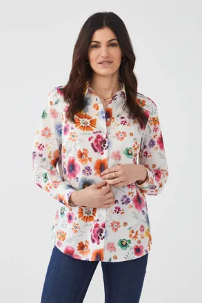 FDJ Patrice Printed Classic Floral Long Sleeve Shirt In White Multi