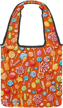 Generic Orange Candy Pattern Reversible Canvas Shoulder Tote - Double-Sided Print, 12oz Cotton, 27cm Drop, Fold-Flat Bag for Travel, Shopping, Street Outings