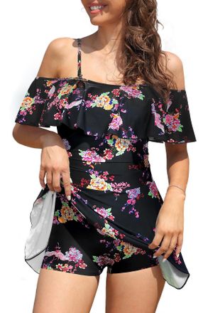 SHEKINI Womens Skirted One Piece Swimsuit Off-Shoulder Swimwear with Shorts Ruffled Flounce Swimming Costume Bathing Suits