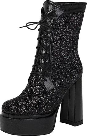 Generic Womens Sexy Platform Ankle Boots Square Toe Chunky Heel With Lace Up Front And A Sparkling Sequined Upper