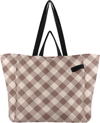 Generic Buffalo Plaid Beige print Reusable Canvas Tote Bag, Heavy Duty Grocery Shopping Bag with Double Handles Hard Bottom Large Capacity Work Groceries Trav