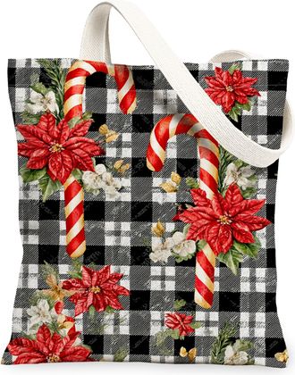 Generic Floral Canvas Tote Bags, Poinsettia Pattern Reusable Grocery Bags, Vintage Checkered Lightweight Washable Shoulder Strap Canvas for Travel 13x15 Inch