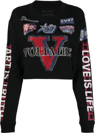 Zadig&Voltaire Tops, Dames, Zwart, S, Cropped T-shirt met meerdere badges