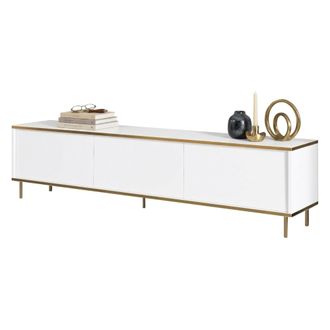 Dmora Mueble Para Tv Sassello, 3 Puertas Con Acabados En Oro, 3 Compartimentos, 180x35x45h Cm Blanco