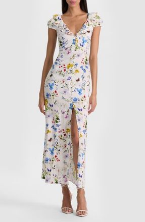 Alice & Olivia Tara Floral Ruffle Detail Dress in Twisting Vines Off White at Nordstrom, Size 14