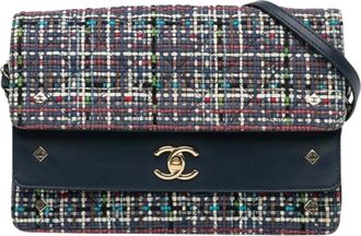 Chanel Pre-owned CC Multicolor Tweed Double Flap Crossbody - Dames - Vintage Schoudertas - Blauw - ONE Size - Tweed - Vintage