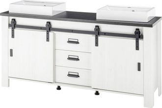 HOME AFFAIRE Waschtisch »SHERWOOD, Waschbeckenunterschrank inkl. Waschbecken« 1 Stk. tlg. in 2 Farben verfügbar, Scheunentorbeschlag & Apothekergriff aus Metall