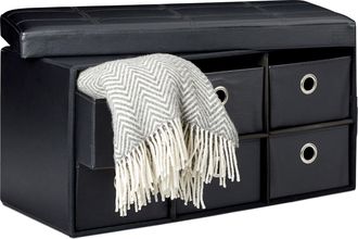 Relaxdays Banco Plegable, Taburete 6 Compartimentos De Almacenamiento, 38x76x38 Cm, Cuero Sint&eacute;tico, Plegable, Negro - Relaxdays