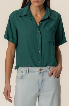 Kut from the Kloth Aida Linen Blend Short Sleeve Button-Up Top in Jungle at Nordstrom, Size X-Small