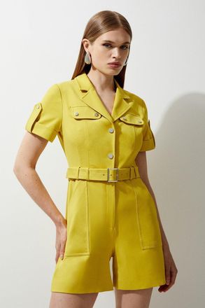 Karen Millen Womens Tailored Cotton Stretch Belted Playsuit - Yellow Viscose - Size 6 UK