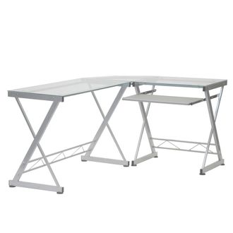 Techni Mobili L-Shaped Tempered Glass Top Computer Desk With Pull Out Keybaord Panel. Color: Clear