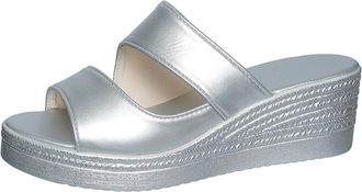 Generic Womens Wedge Platform Heels Sandals Open Toe Lightweight Casual Slip On Summer Roman Beach Slides Shoes (Silver,5.5)