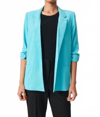 Soaked In Luxury Shirley Quarter Sleeve Open Front Blazer In Sea Jet