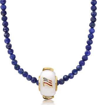 Ross-Simons 3-3.5mm Lapis Bead Necklace With White Jade and Multicolored Enamel American Flag Bead Charm in 18kt Gold Over Sterling