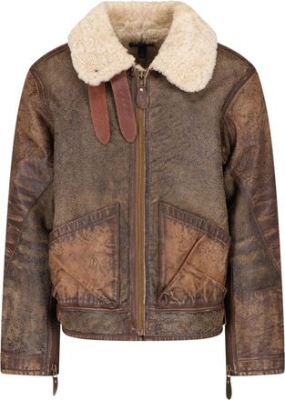 Polo Ralph Lauren Distressed Brown Leather Bomber Jacket With Shearling Collar