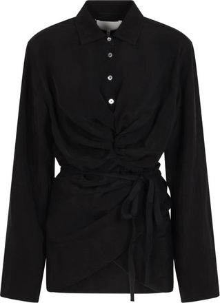 Maison Margiela Gerimpelde wikkelblouse - Dames - Overhemden - Zwart - 2XS - Leer - Overhemden