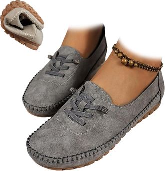 Generic Womens Comfortable Soft Hand-Stitched Genuine Leather Loafers, Vintage Leather Orthopedic Loafers, Wide Fit Breathable Slip-On Walking Shoes (Gray,7.5
