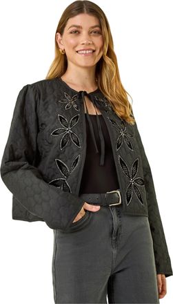 Roman Womens Quilted Velvet Trim Jacket - Black - Size 18 UK