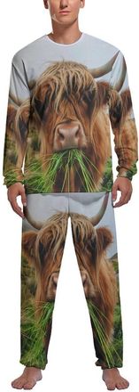 Generic Cute Highland Cow Eating Wildlife Mens Pajama Set Comfy Pj Sets Long Sleeve Shirts And Bottoms Soft Sleepwear Loungewear Sleep Sets M