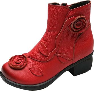 Generic YUJIEBB Block Heel Red Short Boots Autumn Winte Women Appliques Ankle Side Zipper Fashion Walking Shoes for Woman