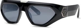 Philipp Plein Philipp Plein Sunglasses Rectangle Full Rim, Shiny Black Frame And Grey Silver Mirror Lens