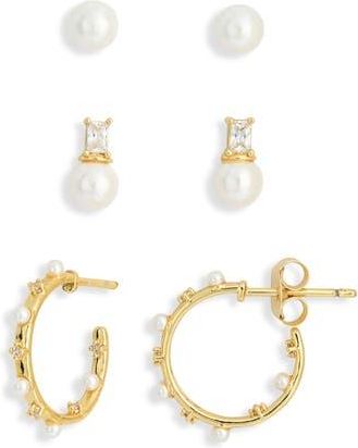 Nordstrom Rack Assorted 3-Pack Pearl & Cubic Zirconia Earrings Set in Clear- White- Gold at Nordstrom Rack