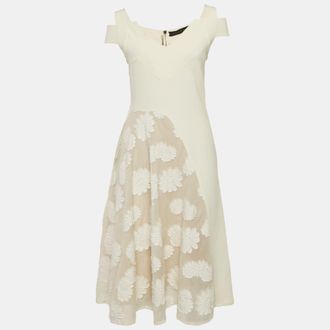 Roland Mouret Off White Cotton & Crepe Stretch Floral Applique Midi Dress