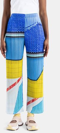 Pleats Please Issey Miyake Womens Pleated City Collage Trousers Blue-Yellow