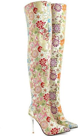 Generic Gold,4.5 UK,Thigh High Boots Over The Knee Boot for Women 4.3 inch Stilettos High Heels Boots Vintage Embroidered Long Pointed Toe Dress Shoes