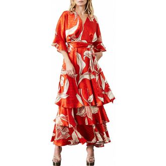 Ciebon Calix Floral Dot Jacquard Tiered Satin Maxi Dress in Coral Red Multi at Nordstrom Rack, Size Medium