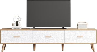 STILVORA Mueble Tv Con 3 Cajones Y Patas De Madera Maciza, Estilo Retro Para Salon, En Tablero De Particulas, Blanco Y Madera, 150 X 39 X 35 Cm