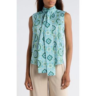 Derek Lam Allie Bow Neck Sleeveless Cotton Top in Blue Medallion at Nordstrom Rack, Size 10