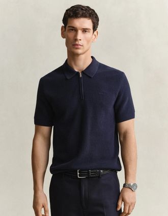 GANT Mens GANT Mens Cotton Rib Half Zip Polo Shirt - 433 Evening Blue - Navy - Size: 38